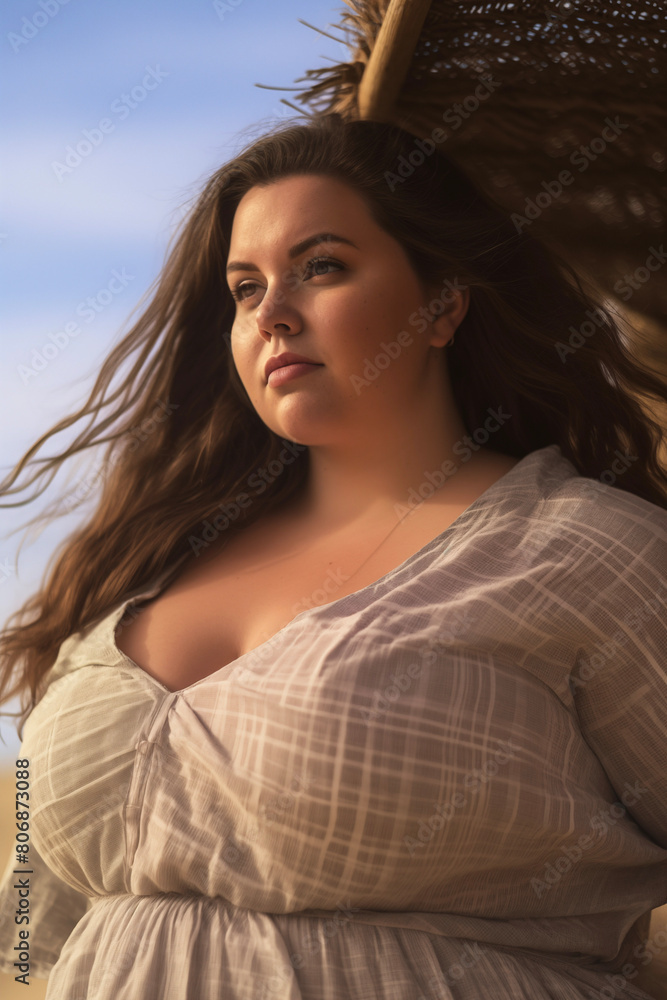Fototapeta premium Plus size african woman on beach.
