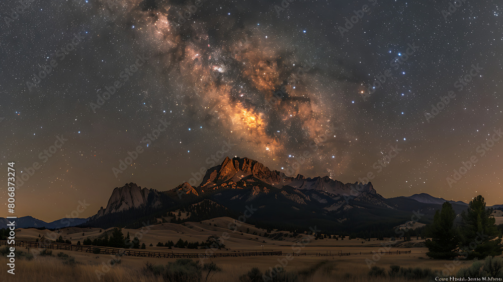 The Milky Way rises above the pine trees in a beautiful foreground. The Milky Way rises above the pine trees in a beautiful foreground.