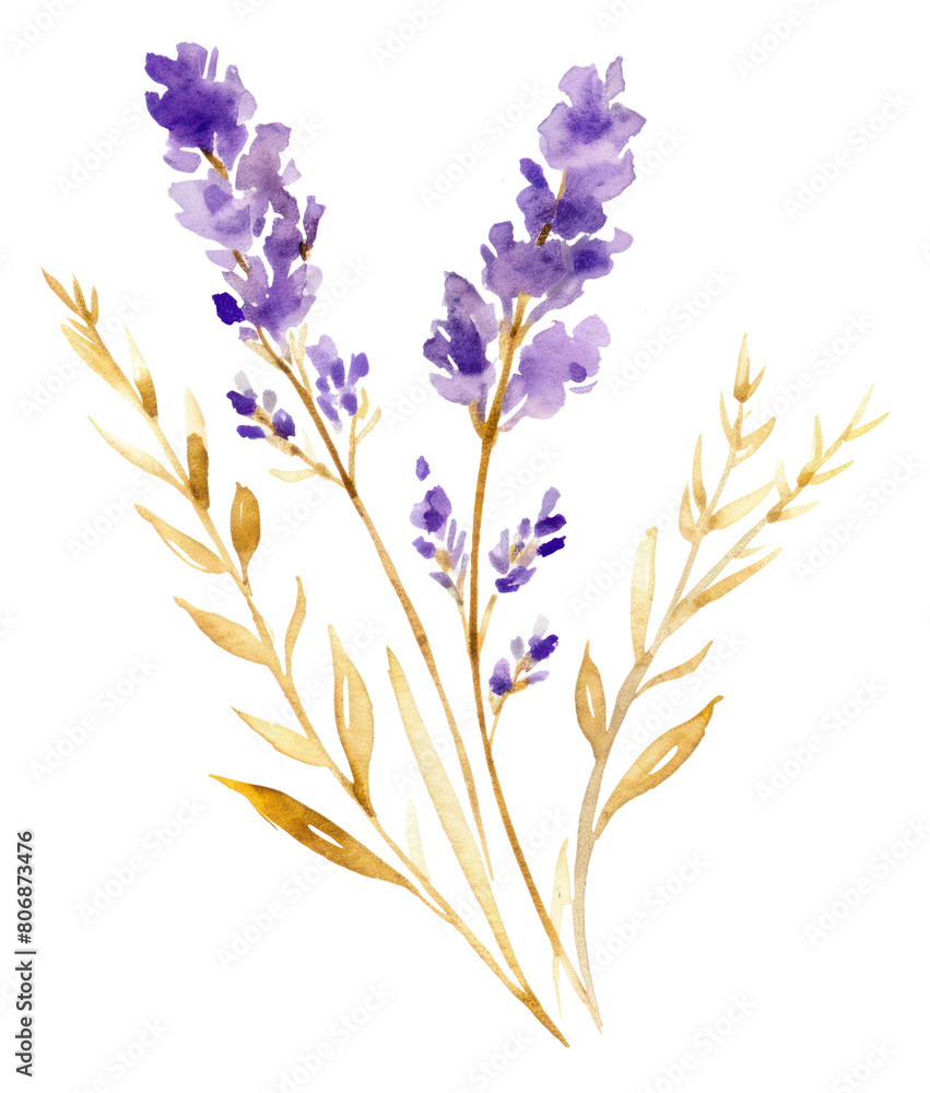 PNG  Purple watercolor and golden glitter outline stroke lavender flower plant inflorescence fragility.