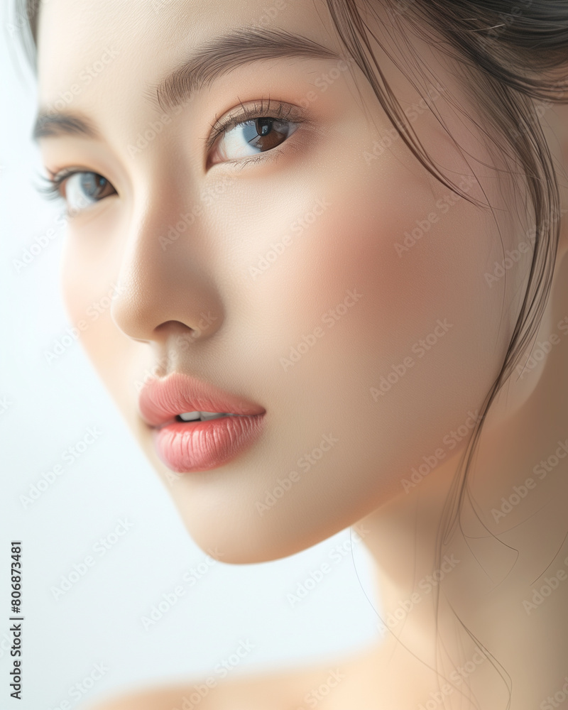 Obraz premium A closeup of an Asian woman's face with clean and flawless skin, showcasing her perfect eyebrows, plump lips, smooth nose, and well-defined cheekbones, all captured in high definition photography
