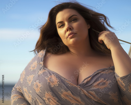 Plus size african woman on beach.