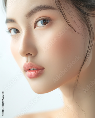 A closeup of an Asian woman s face with clean and flawless skin  showcasing her perfect eyebrows  plump lips  smooth nose  and well-defined cheekbones  all captured in high definition photography