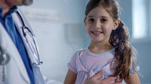 Pediatrician palpating young girl's belly to ensure preventive health care.