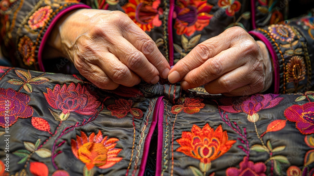 A close up of a woman's hands holding the edges of a black floral embroidered jacket together A close up of a woman's hands holding the edges of a black floral embroidered jacket together