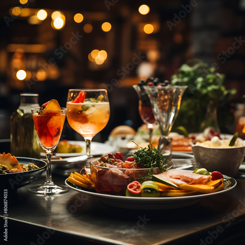 Restaurant table with snacks and wine glasses. Food and beverages