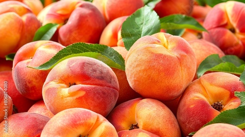 A close-up image of a pile of fresh peaches. The peaches are ripe and juicy, with a sweet and slightly tart flavor. They are perfect for eating fresh, baking, or making preserves. photo