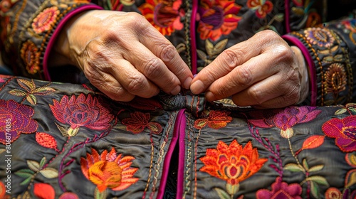 A close up of a woman's hands holding the edges of a black floral embroidered jacket together © weerasak