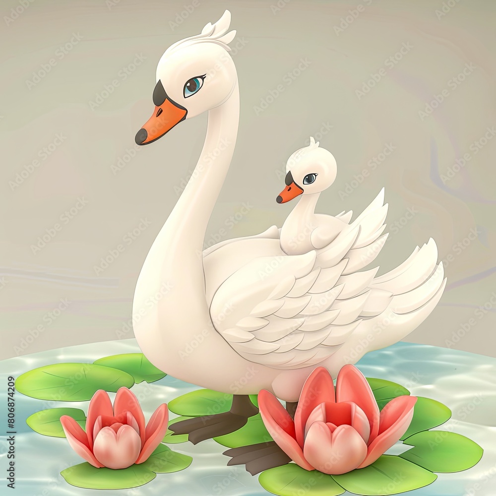 A graceful swan and its cygnet glide through a pond adorned with water lilies. A graceful swan and its cygnet glide through a pond adorned with water lilies.