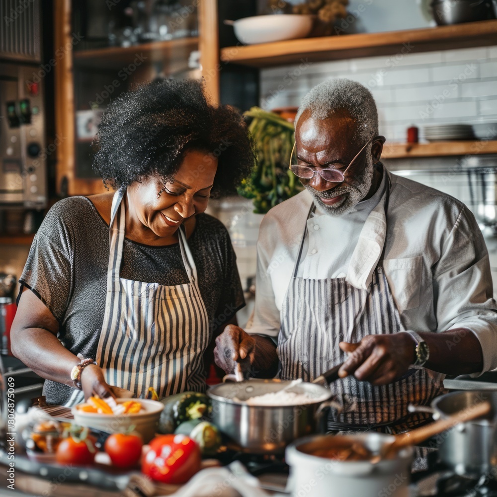 Happy african american senior couple cooking together in kitchen