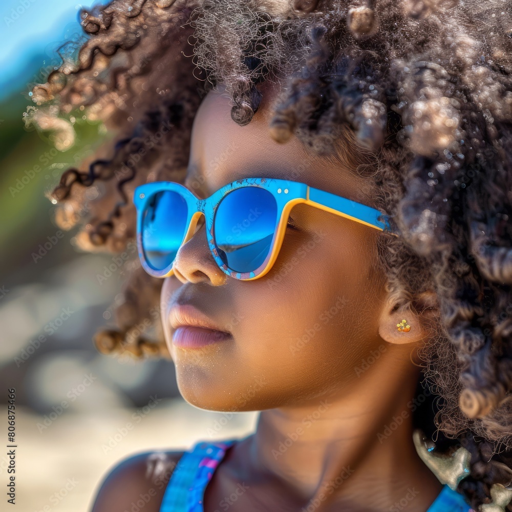 Close up portrait of Afro American child having fun on the beach during vacation time Close up portrait of Afro American child having fun on the beach during vacation time