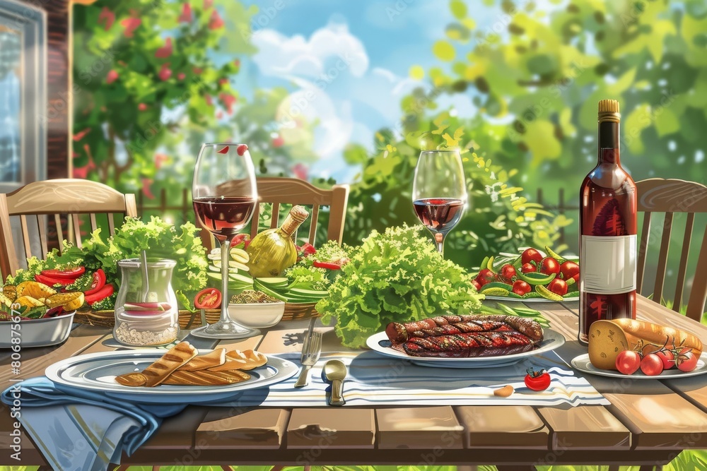 backyard dinner table with grilled bbq meat salads and wine joyful gathering digital illustration