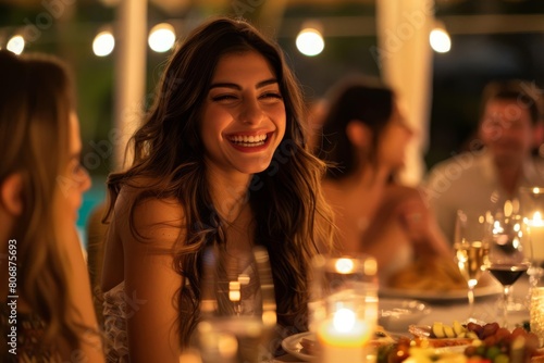 beautiful young woman savoring a joyful moment with friends during lively dinner party radiating happiness and carefree spirit friendship celebration concept photo