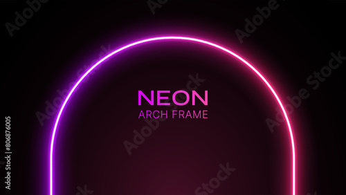 Neon arc light. Arch glow pink and purple. Laser circle shape. Led beam forming a round portal. Vector template for design with text.