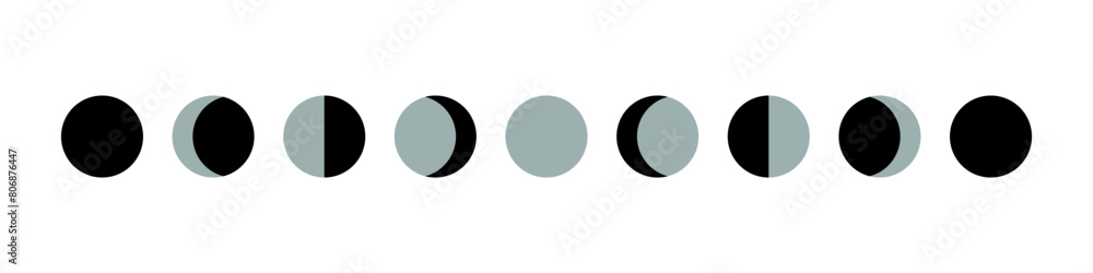 Moon phases. Crescent shape. New lunar cycle. Total eclipse black. Progress changes for calendar design, astrology and space. Moon phases. Crescent shape. New lunar cycle. Total eclipse black. Progress changes for calendar design, astrology and space.