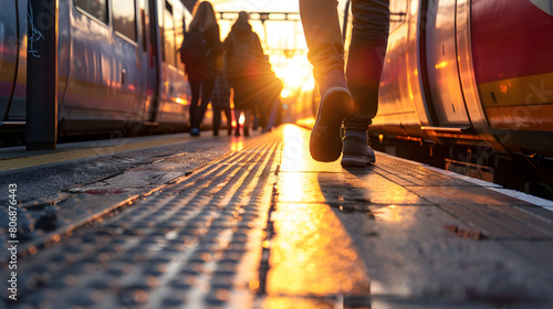 The image captures the hurried steps of commuters at a train station during sunset, highlighting their silhouettes against a backdrop of warm, glowing sunlight and departing trains photo
