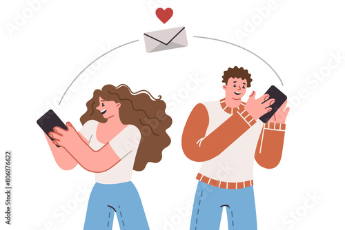 Online dating through mobile application on phones of man and woman chatting and flirting via sms