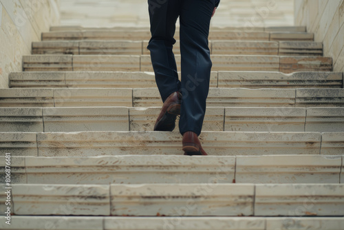 A businessman strides up marble steps, a journey of ambition and aspiration.