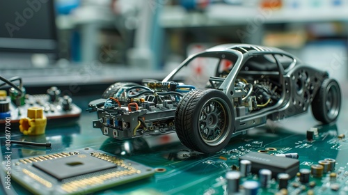 A depiction of a programmable metal car robot next to an electronic board in a laboratory environment, emphasizing themes of robotics, electronics, and STEM education