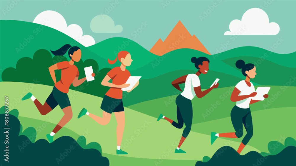 Against a backdrop of rolling green hills a team of orienteering racers sprinting towards the finish line map in hand.. Vector illustration