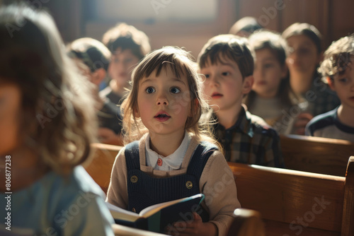 A child with wide-eyed wonder listens attentively, surrounded by peers in a captivating environment.