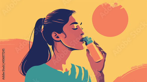 Young woman with inhaler on color background style