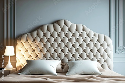 The headboard of capitonne bed in interior of bedroom is white. AI generated. photo