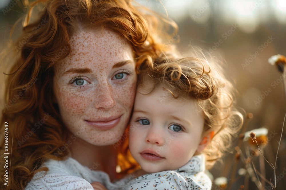 Happy young redhead mom hold in hands baby. ai generated Happy young redhead mom hold in hands baby. ai generated