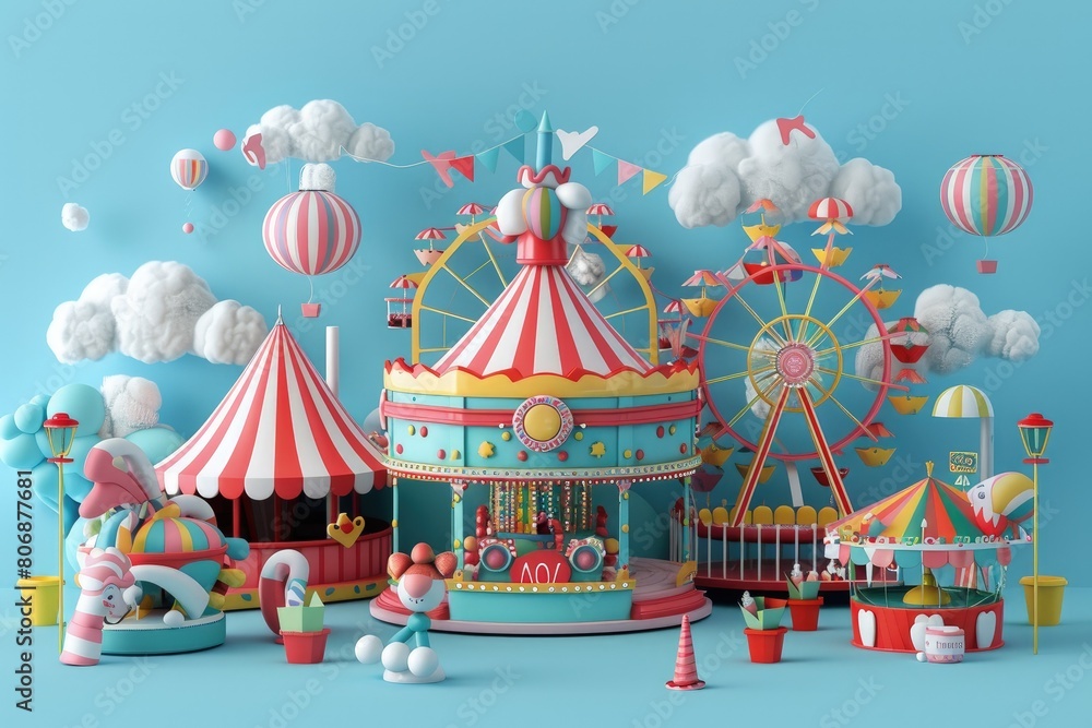 A colorful carnival scene with a variety of rides and attractions, Children’s Concept. A colorful carnival scene with a variety of rides and attractions, Children’s Concept.