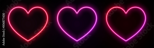 Neon light heart. Love sign with glow. Pink, red and purple leds. Laser frame for Valentine day. Electrical elements for design with text.