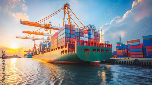 majestic cargo ship loaded with colorful containers  is docked at a bustling port during a beautiful sunset scene emphasizes the global scale of trade and the continuous activity in maritime logistics