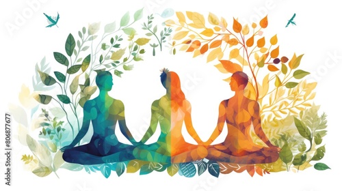 Holistic mind cartoon illustration - Generative AI. Yoga, lotus, pose, people, plant.