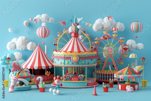 A colorful carnival scene with a variety of rides and attractions, Children’s Concept.