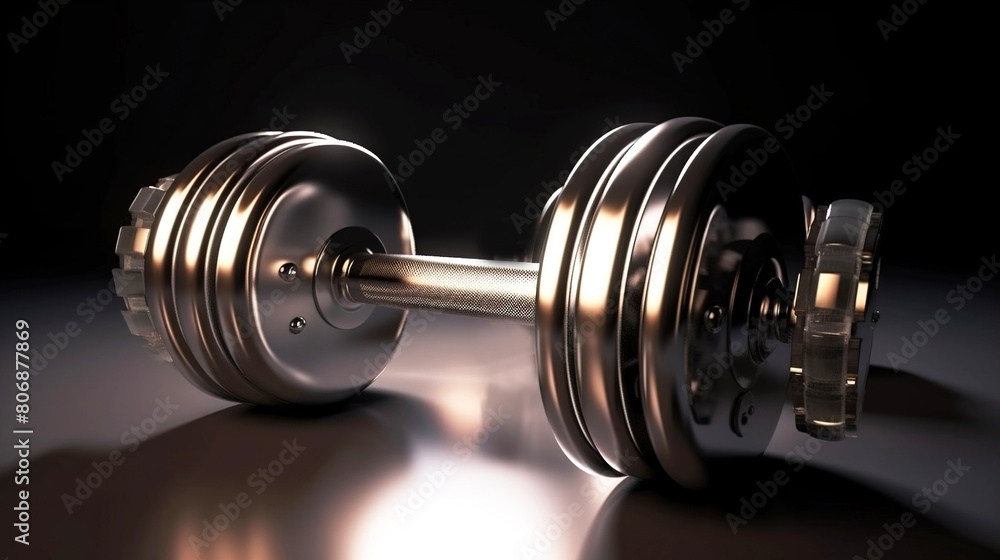 Sports equipment chrome dumbbell, dark background. AI generated. Sports equipment chrome dumbbell, dark background. AI generated.