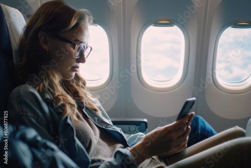 A reflective woman gazing at her phone while flying, window light illuminating her face.