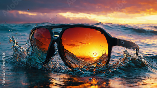 Sunglasses water drops on lens crashing waves dramatic sunset adventure summer storm action Abstract background photo