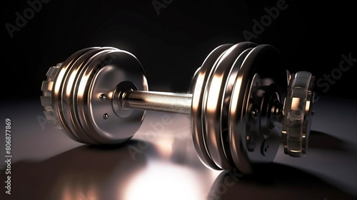 Sports equipment chrome dumbbell, dark background. AI generated.