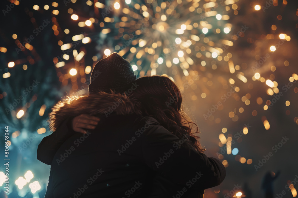 Embracing couple sharing a warm moment against a backdrop of spectacular fireworks. Embracing couple sharing a warm moment against a backdrop of spectacular fireworks.