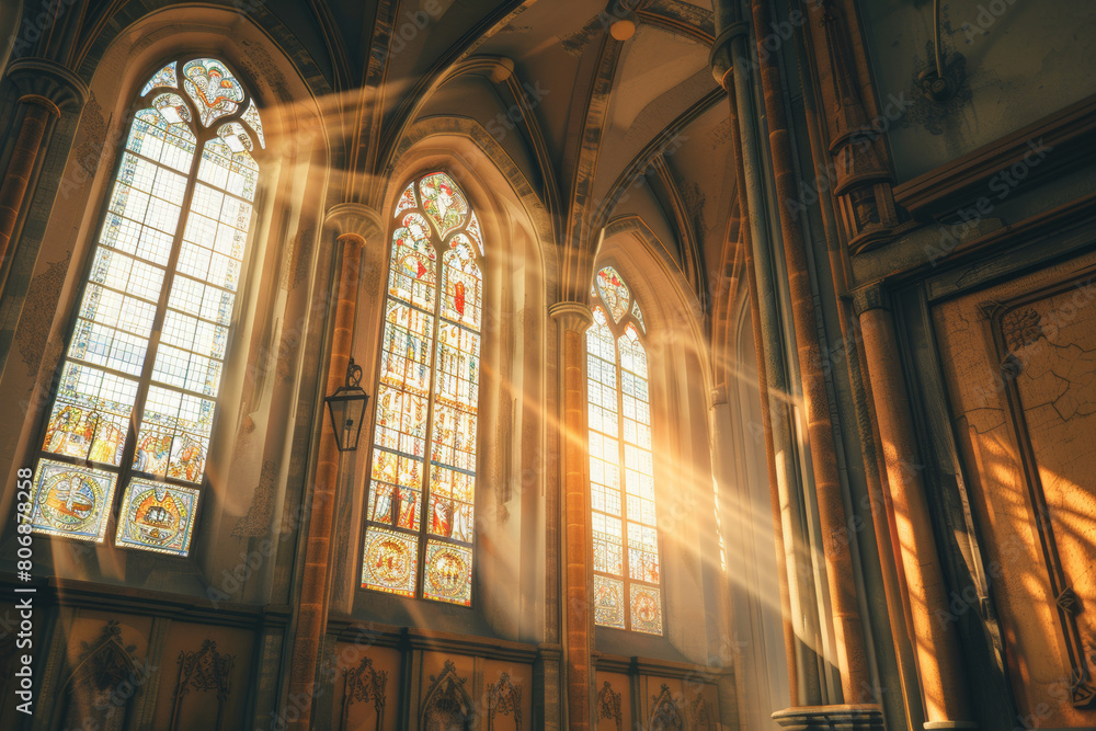 Sunbeams streaming through stained glass windows in an old majestic church.