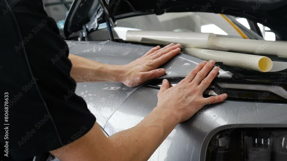 Close up of paint protection film installation on front bumper of modern luxury car. PPF is polyurethane film applied to car surface to protect the paint from stone chips, bug splatter, and abrasion. Close up of paint protection film installation on front bumper of modern luxury car. PPF is polyurethane film applied to car surface to protect the paint from stone chips, bug splatter, and abrasion.