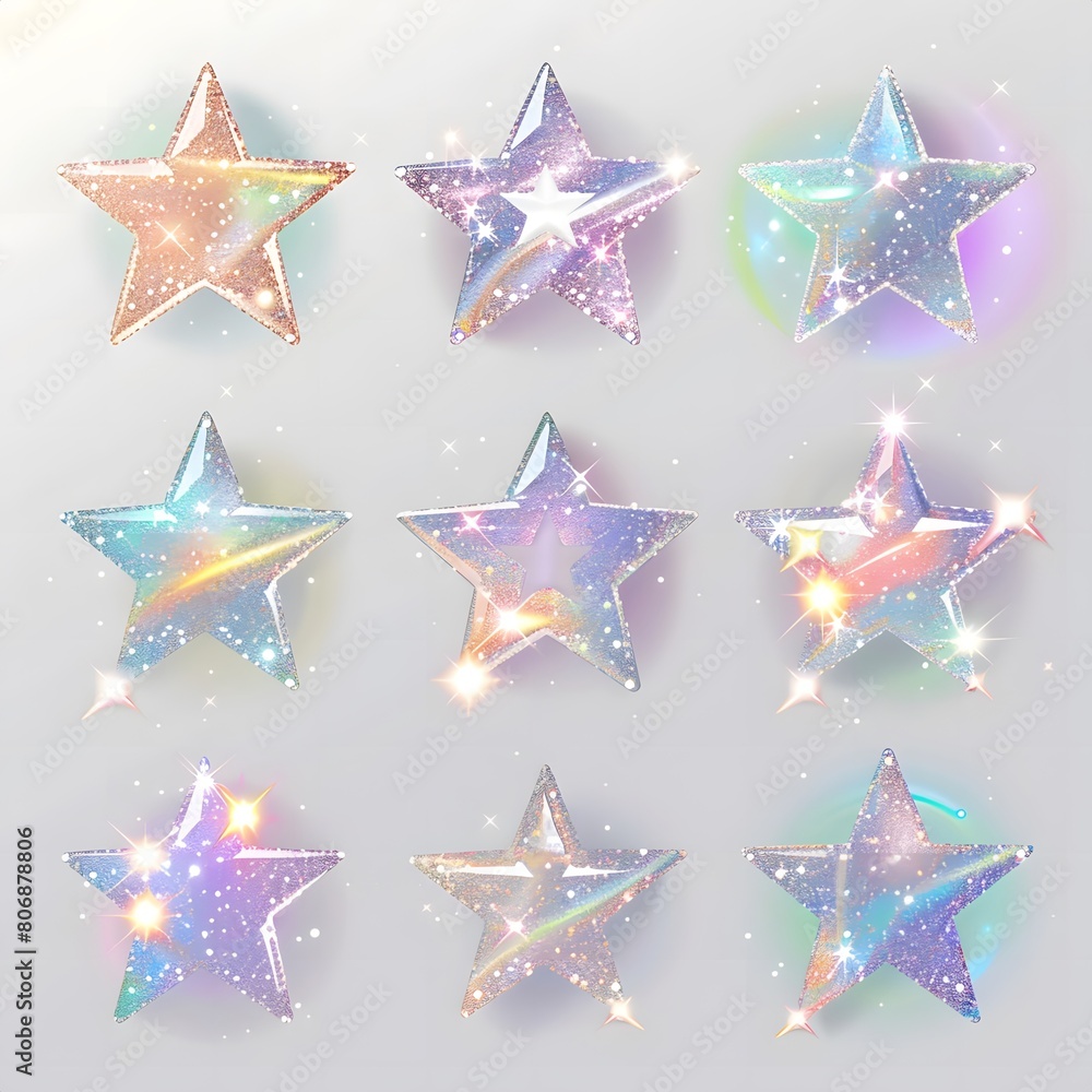 Obraz premium A set of colorful stars with a glitter effect.
