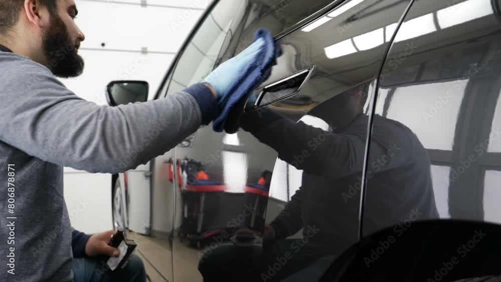 Staff wear Chemical protective clothing at work. Automobile industry. Car wash and coating business with ceramic coating.Spraying the varnish to the car. Concept of: Car protective, Service, Shine.	
