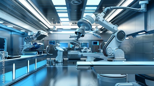 A surgical room equipped with advanced robotic technology, including a surgical robot arm, portrayed in a futuristic operation room setting