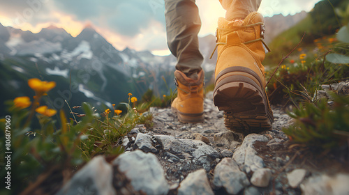 Close-up of a Hiker Hiking Up a Mountain Trail with Backpack, Adventure and Exploration Concept, Generative Ai