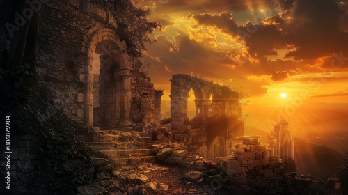 Mystical sunset view over ancient ruins.