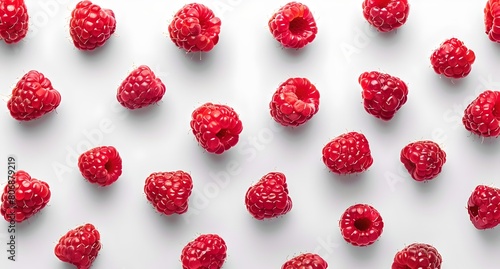 Bright red raspberries arrayed on a clean white background. Perfect for healthy eating themes. Fresh fruit composition. Simple and elegant style. AI photo
