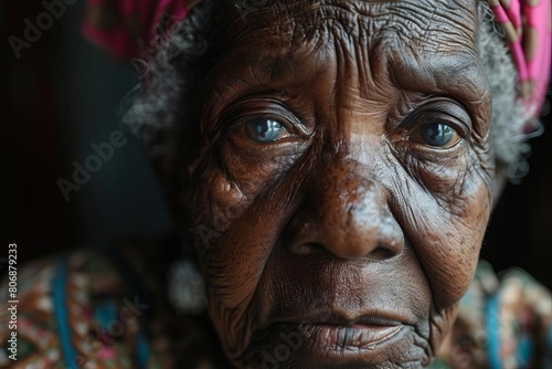 elderly black woman suffering from loneliness and dementia mental health awareness concept photo © furyon