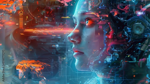 An illustration highlighting the concept of machine learning and technological revolution  featuring artificial intelligence contemplating with futuristic elements