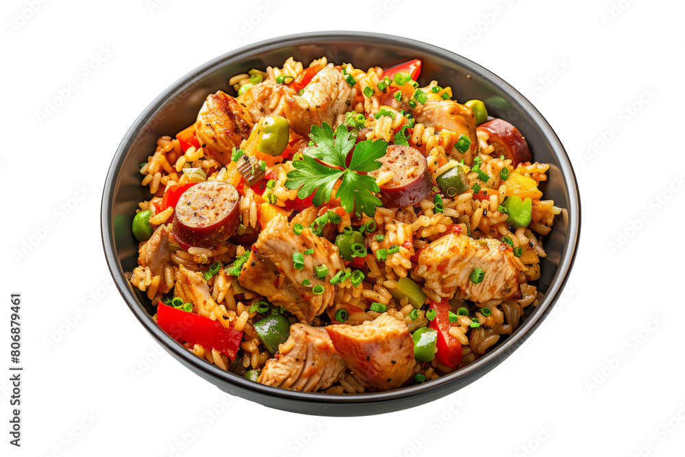 Spicy Jambalaya: A colorful Louisiana-style rice dish with chicken, sausage, and vegetables in a top-down view.