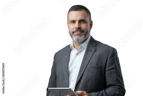 visionary technical director standing with a tablet and wearing elegant business clothes on a white background.