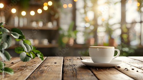 Freshly Brewed Coffee in White Cup on Wooden Table in Cafe with Bokeh Lights, Relaxing Atmosphere for Coffee Break, Generative Ai